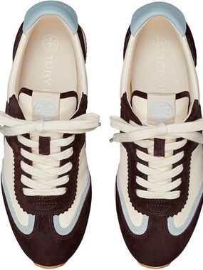NEW Tory Burch Cream, Dark Brown & Light Blue Suede Lace-Up Sneakers